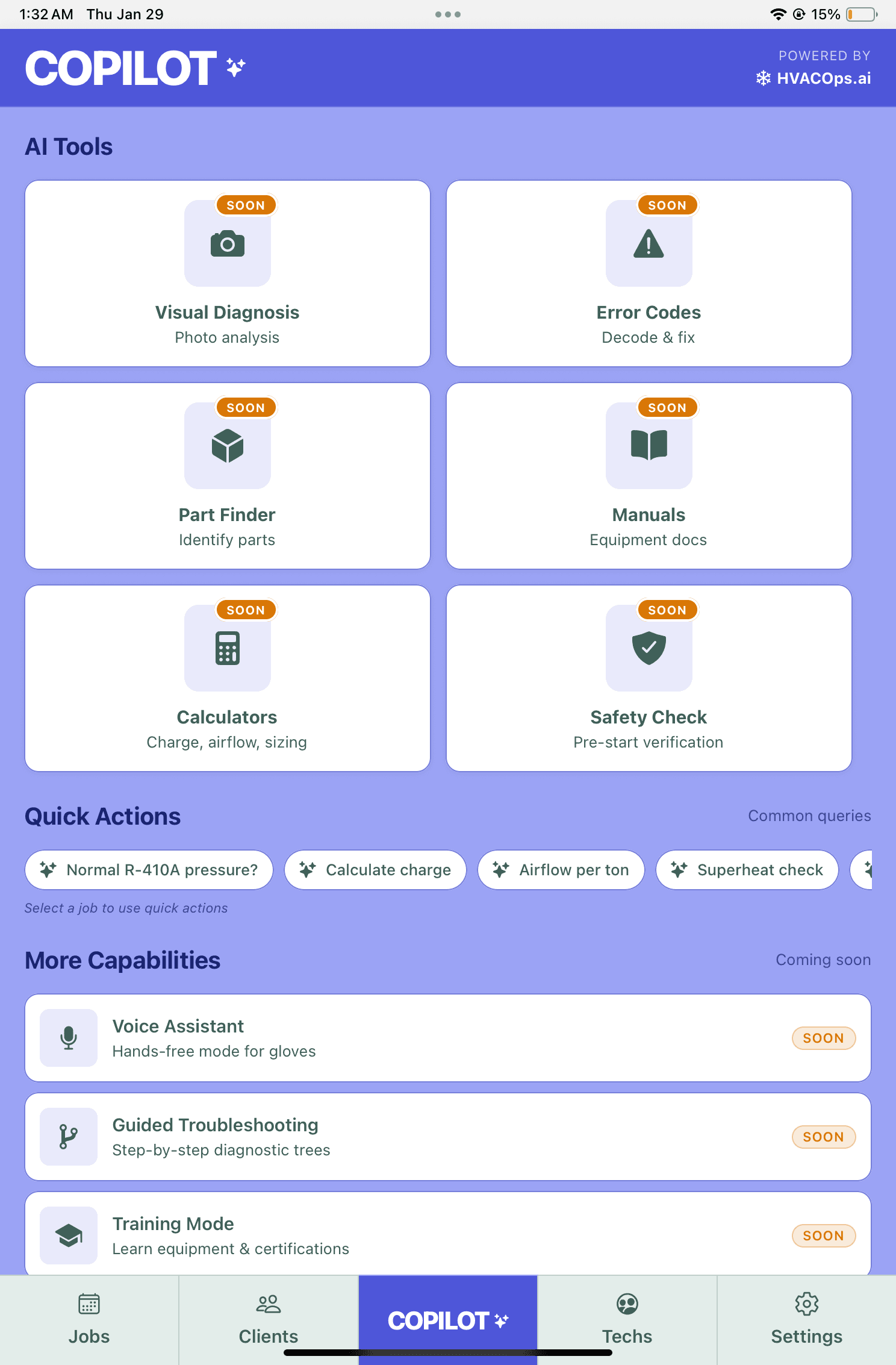 COPILOT AI Command Center showing AI Tools including Visual Diagnosis, Error Codes, Part Finder, Manuals, Calculators, and Safety Check
