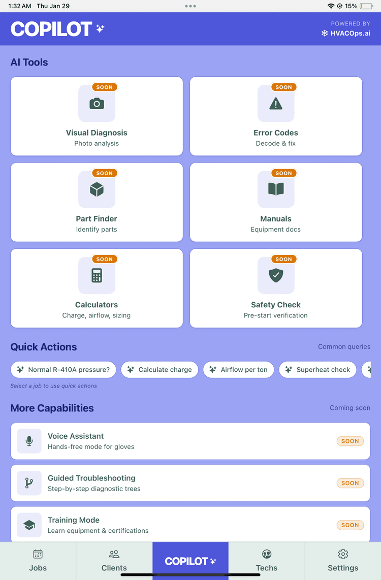 COPILOT AI Command Center showing AI Tools including Visual Diagnosis, Error Codes, Part Finder, Manuals, Calculators, and Safety Check