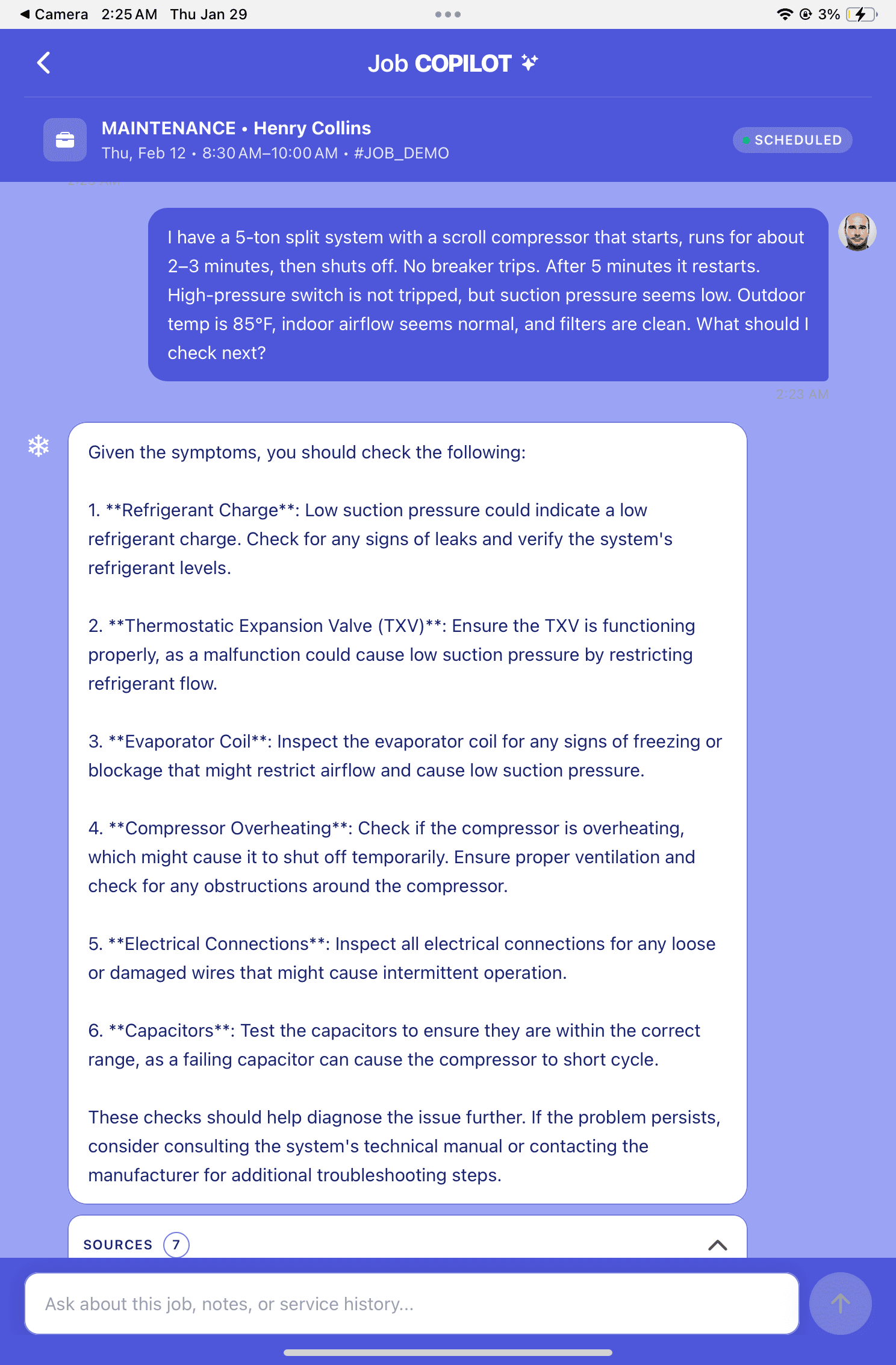 Job Copilot AI providing step-by-step diagnostic guidance for HVAC maintenance issue